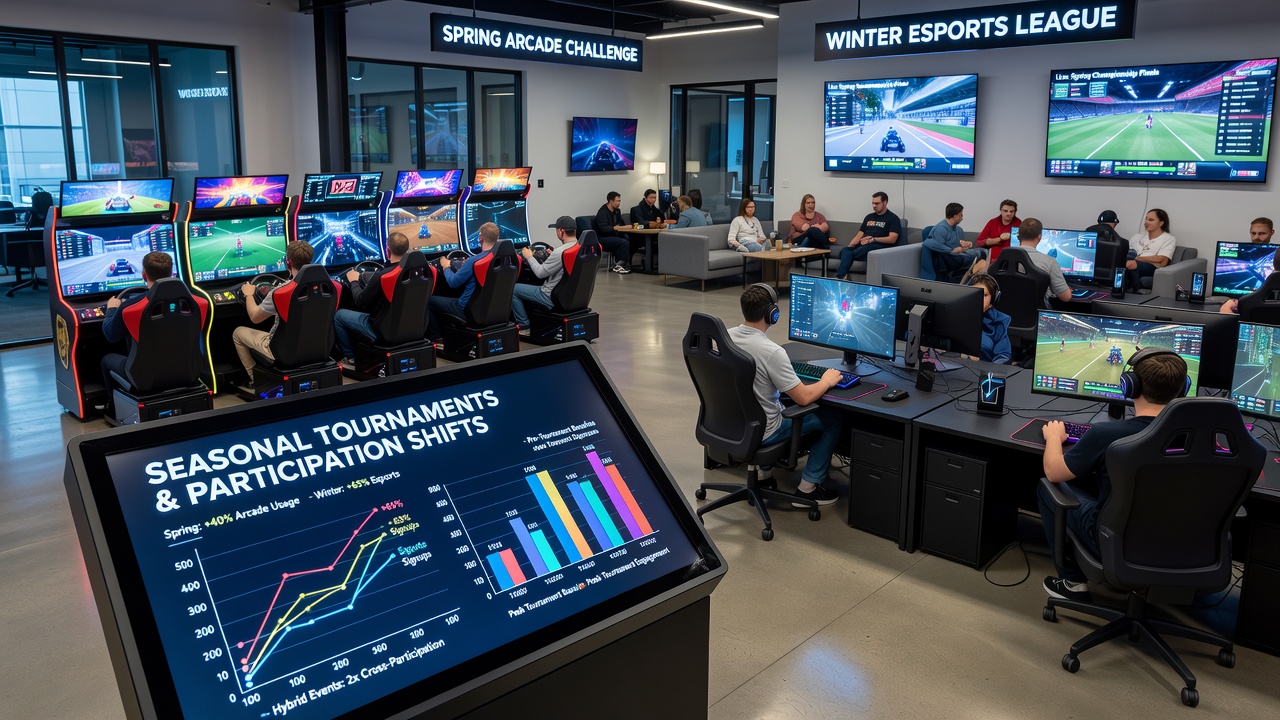 Crowds shifting between sports betting lounge and casino floor during a seasonal tournament event